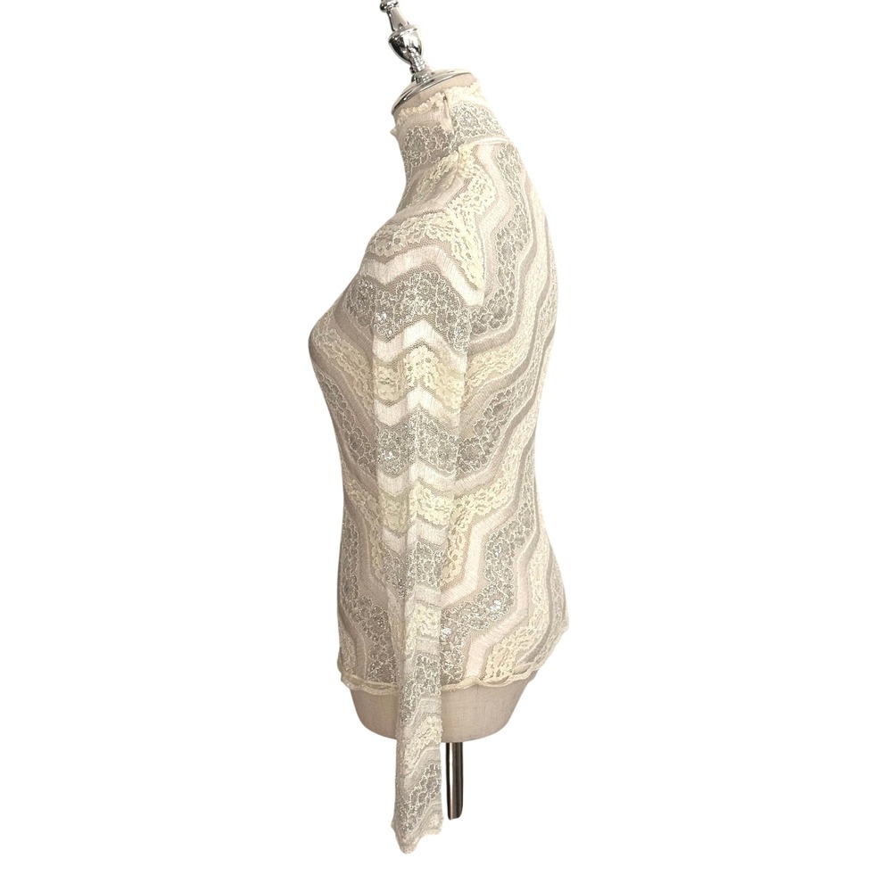 VTG Y2K Cache Cream Lace Top Metallic Silver Thread Lace Mock Neck Size Small - Picture 7 of 7